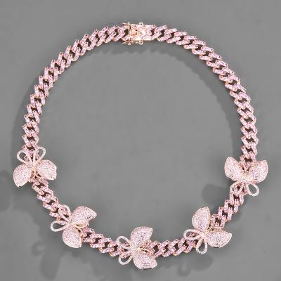 China Pink Color Diamond Ice Out Cuban Chain Diamond Ice Out Cuban Link Chians 5 Piece Butterfly Choker Women Necklaces for sale