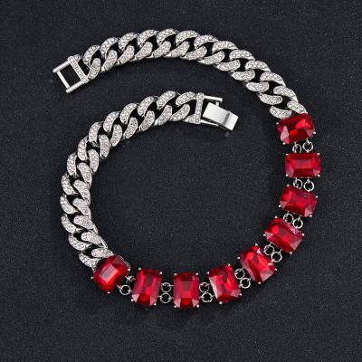 China Glass Cuban Chain Hip Hop Hip Hop Hong Kong Style Accessories 13mm Fashion Red Crystal Women Necklace Jewelry Set for sale