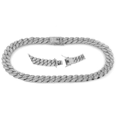 China Fashion Diamond Ice Out Cuban Link Chians Chunky Silver Plated Mens Cuban Link Ice Out Chain Necklaces Bracelets Hip Hop Jewelry Set for sale