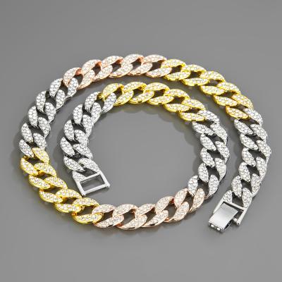 China Hot Heavy Hiphop Hip Hop Multi Color Iced Out Real Thick Solid Gold Men's Choker Necklace Cuban Link Chain for sale