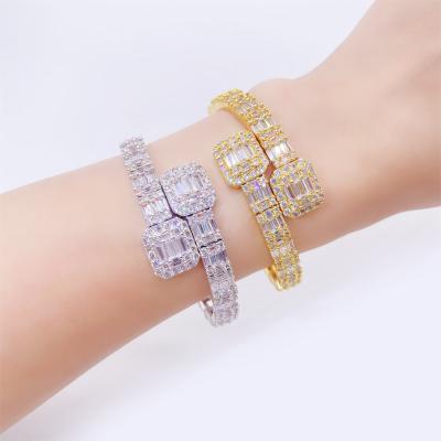 China Iced Out Punk Diamond Mens Thick Chain Bracelet 18K Gold Plated Hip Hop T Square Shaped Tennis Chain Bracelet for sale