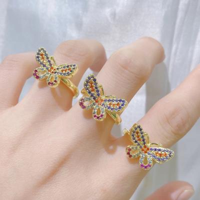 China Adjustable Women Bling Crystal Butterfly Open Ring For Boho Zirconia Finger Colorful Brass Punk Butterfly for sale