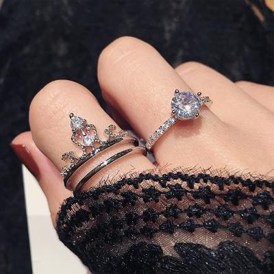 China Fashion Punk Silver Two Piece Ring Creative Jewelry Wholesale Explosive Plated Zircon Ring Female Crown Rings for sale