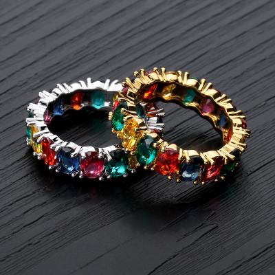 China Hot Sell Full Zircon Hip Hop Ring Wide Rectangle Rainbow Men's And Women's Small Rings for sale