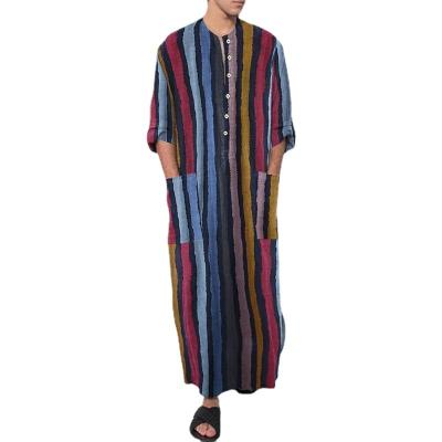 China Anti-pilling Men's Nightgown Long Robes Striped Chemise Arabian Ethnic Clothing Long Sleeves Retro Kimono Bedroom Skirt Cotton Bathrobe Lingerie for sale