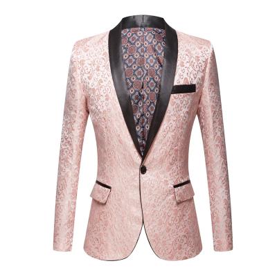 China High End Breathable Pink Floral Jacquard Tuxedos Shawl Lapel Men Suits Wedding Groom Slim Fit Prom Party Dinner Dress Blazer 2022 New for sale