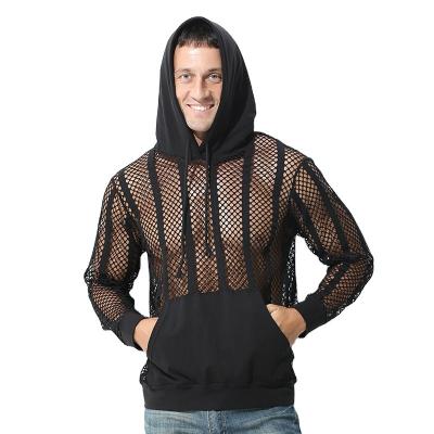 China Anti-Wrinkle Men Mesh Hooded Sweater See Pocket Sports Shirt Party Nightclub Sexy Camisetas 2022 Tops Long Sleeve for sale