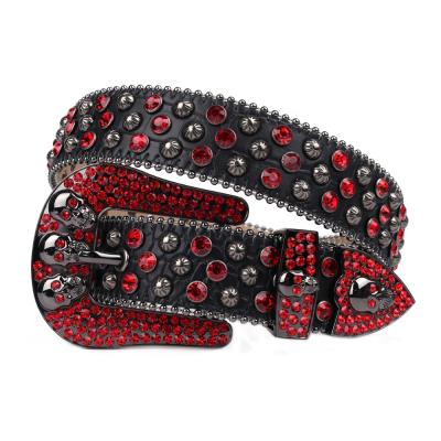 China Cowgirl Black Skull Belt Diamond And Round Rivet Studded Red Crocodile Leather Belt New Style Rhinestone Skull Belt Cowboy for sale