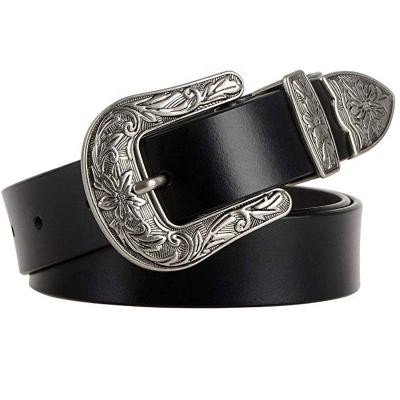 China Women Leather Trim Belts Ladies Vintage Western Design Black Waist Belt For Pants Jeans Dresses for sale