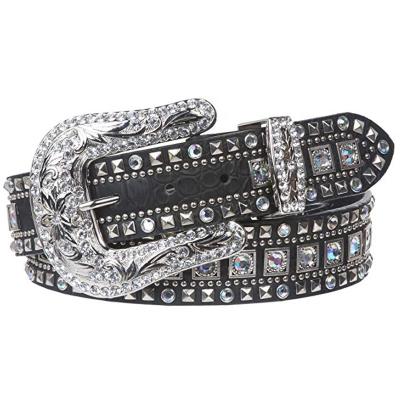 China Bling Bling Rhinestone Cowgirl Western Studded Belt Leather Trim Western Belts for sale