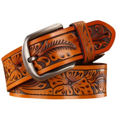 China Genuine Cowhide Cowhide Leather Belts Vintage Western Floral Embossed Leather Straps Men's Waist Belts for sale