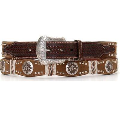 China Cowhide Basketweave Billet Leather Western Wear Cross Concho Scalloped Leather Belts for sale