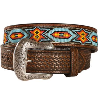 China Western cowhide basketweave emboss beaded leather belts for women for sale