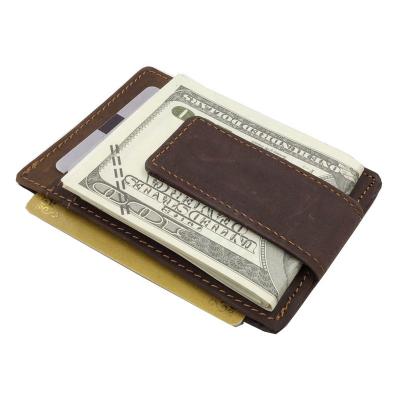 China Vintage Crazy Horse Front Pocket Money Clip Genuine Leather Magnetic Wallet for sale