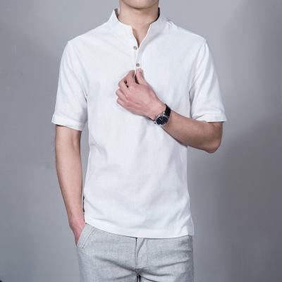 China 2022 Summer Chinese Style Men's Large Solid Color Canvas Men's Short Sleeve T-shirt Anti-wrinkle Stand collarringer for sale