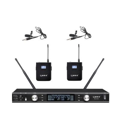 China Lavalier Pro R7700 PLL Microphone. Dual channel bling wireless UHF microphone system with monitor, mini body-pack transmitter and lavalier clip lapel for sale