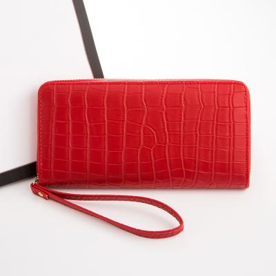 China Hot Sale Anti-theft Female Clutches Wallet PU Crocodile With Strap Zipper Long Mobile Phone Leather Fashion Black And Red Bag for sale