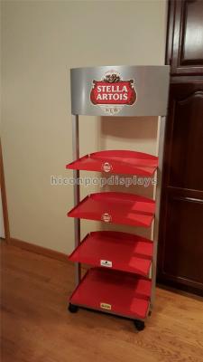 China 4 Wheels Wine Display Stand Red Heavy Metal Beer Display Shelf 4 Layer For Stores for sale