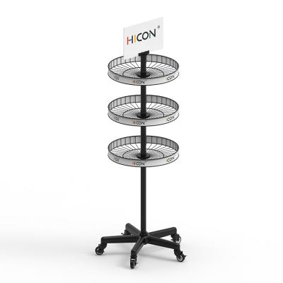 China Commercial Metal Wire Round Floor 3-tier Wine Display Rack For Retail Stores Te koop