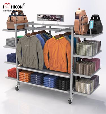 China Flooring Gondola Retail Display Shelving Metal 4 - Way Hanging Apparel Display Rack for sale