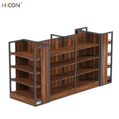 China Modern 4-Side Floor Brown Wood Gondola Supermarket Display Rack for sale