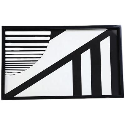 China High End Wholesale Hotel Rectangle Decorative Wood Villa Trays Black And White Tray With Handle For Wine for sale