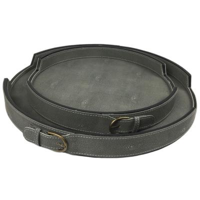 China High End Wholesale Modern Gray And Brown Fiber Leather Round Tray Decorative Serving Tray For Home Decoration for sale