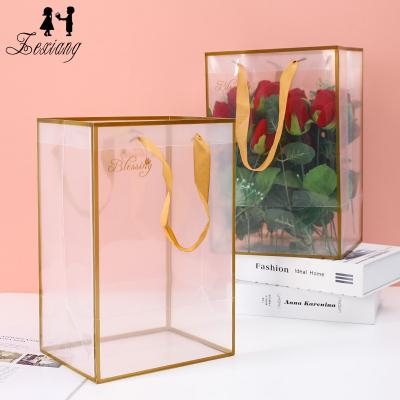 China Zexwrap Handmade Clear Rectangular Gold Frame Waterproof PVC Flower Handbag For Rose for sale