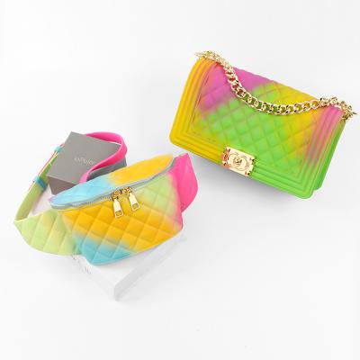 China Fashion Hot Selling PVC Jelly Purses Handbags Women And Matching Waist Lattice Chain Candy Color Bag Set For Women for sale