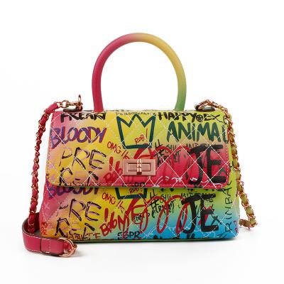 China Hot Selling Fashion Handbag New Fashion Colorful Printed Chain Women Fashion Purses Graffiti Handbag for sale