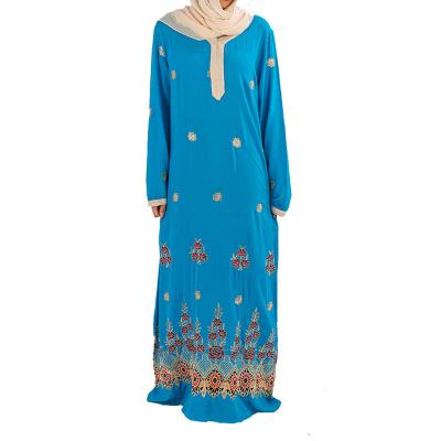 China Air Gold Flower Embellished Abaya Long Sleeve Blue Diamond Narrow Abaya Custom Made For Islamic Dress for sale