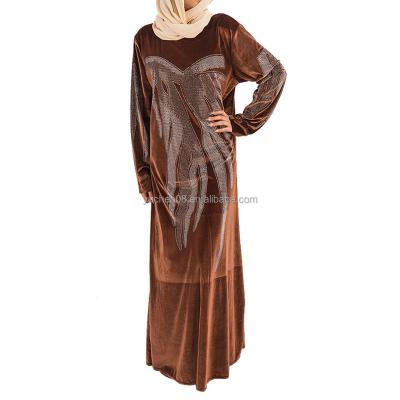 China Air Custom Brown Color Velvet Abaya Design Crystal Closed Abaya For Eid Clothing for sale