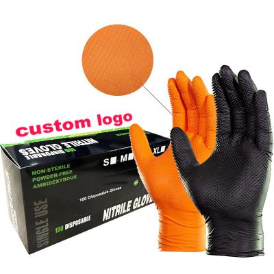 China Anti-impact 6mil 9 inch diamond texture black orange pure nitrile heavy duty industrial mechanic gloves for sale