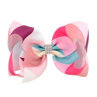 China 5.5 Inch Rainbow Color Soft Gradient Ribbed Belt Kids Bow Hairpin Row Drill Kids Hair Accessories Hot for sale