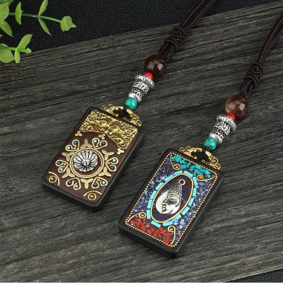 China Handmade Nepalese Thangka Buddha Statue Peace Mark Sweater Chain Pendant Ebony Wood Lead Free Nickel Free Pendant Necklace Female for sale