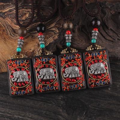 China Lead Free Nickel Free Elephant God Accessories Inlay Long Style Customs Style Ebony Ethnic Pendant Necklace Elephant God Wooden Necklace From Nepal for sale