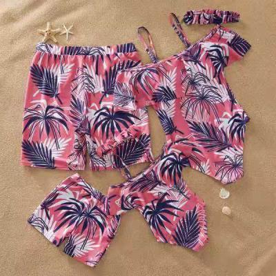 China 2020 Breathable Family Swimsuit Palms Printing Mother Daughter Palm Print Swimwear Girl Beach Wear Bikini Swimwear Girls Matching Son Swim Trunk for sale