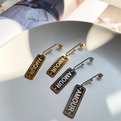 China TRENDY Non Tarnish Jewelry 18K Gold Plated Rectangular Love Intrigue Stainless Steel Picture Charm Dangle Custom Earrings for sale