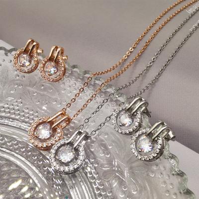 China 2021 Vintage New Arrival Luxury Women Silver Rose Gold Crystal Cubic Zircon Pendant Necklace Jewelry Sets For Party for sale