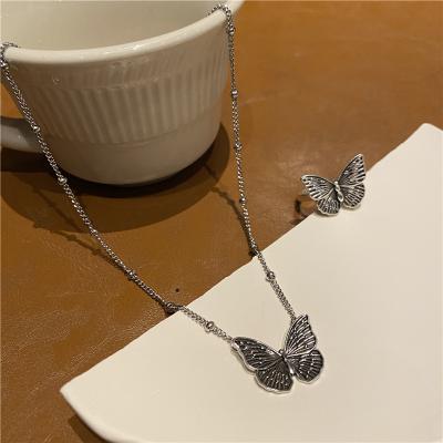 China Retro TRENDY INS Butterfly Necklace Set Adjustable Silver 925 Stainless Steel Butterfly Rings Necklaces Jewelry for sale