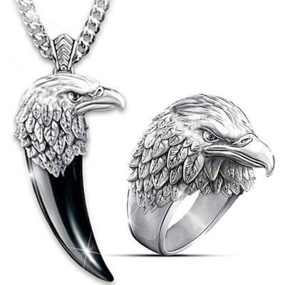 China Fashionable Hots Sale Mens Jewelry Sets Charm Necklace And Rings Sets 3D Animal Pendant Rock Eagle Jewelry Sets For Men Men for sale