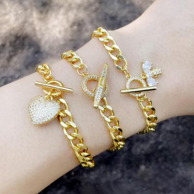 China Geometric Bee Diamond Tennis Fashionable Heart Pendant Bracelet OT Hip Hop 18k Gold Buckle Hand Bracelets for sale