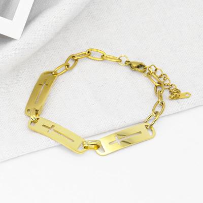 China Hot Selling Custom Plated Vintage Stainless Steel 18K Dubai Gold Hollow Cross Bracelet Bangle For Men for sale