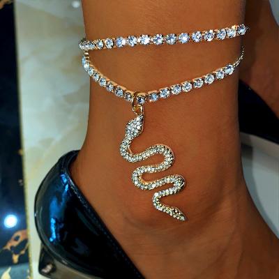 China Hiphop Design Unique Jewelry Crystal Serpentine Pendant Multilayer Anklet Bracelet Iced Out Tennis Chain Diamond Snake Charm Anklet for sale