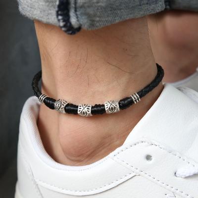 China Retro Boho Trendy Women Men Beach Foot Jewelry Vintage Statement Chain Charm Anklet Bracelet Black Red Leather Anklet for sale