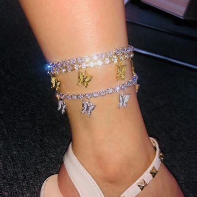 China Hiphop HongTong New Butterfly Insti Diamond Anklet Butterfly Gold Glitter Rhinestone Pink Tennis Anklets For Women for sale