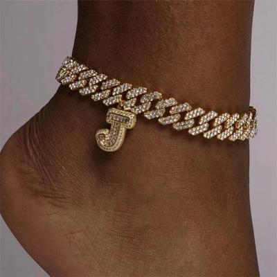 China New Trendy 26 Alphabet CIO Hip Hop Hitter Bling Foot Jewelry Cuban Link Letter Iced Out CZ Anklets Cuban Initials Women for sale