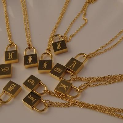 China CLASSIC 18k Gold Plated Padlock Necklace, Personalized Old English Stainless Steel Gold Lock Initial Necklace for sale