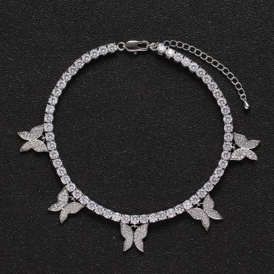 China A002 Punk 9 Inch Hip Hop Jewelry CZ Zircon Diamond Bling Butterfly Foot Chain Jewelry Anklet Chain For Women for sale