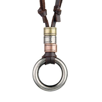 China Retro Hiphop Necklace 3 Color Small Ring Pendant Brown Double Leather Rope Pendant Necklace for sale